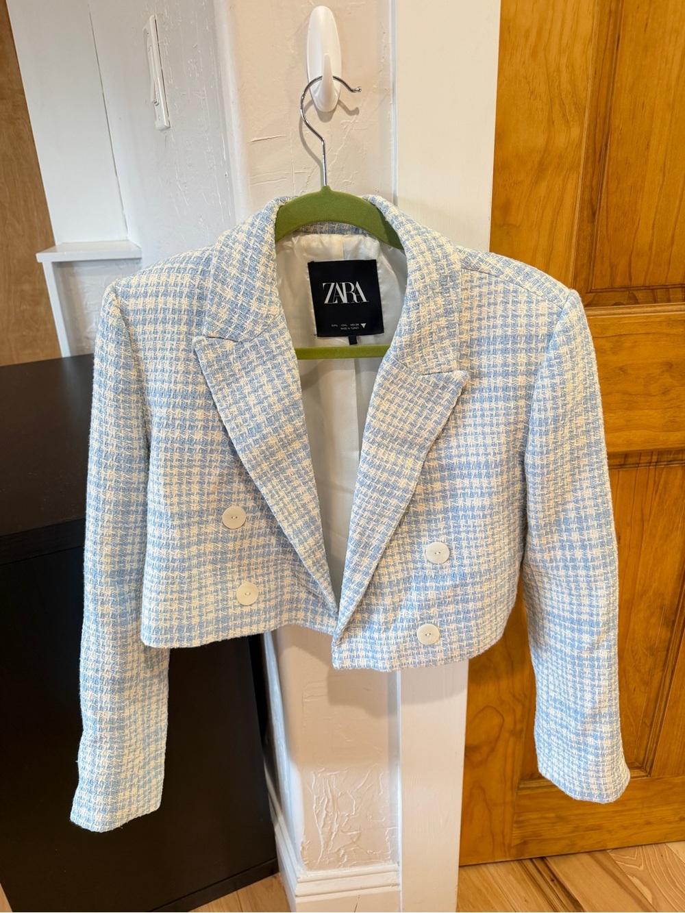 ZARA Blue White Tweed Cropped Double Breasted Blazer – Size L